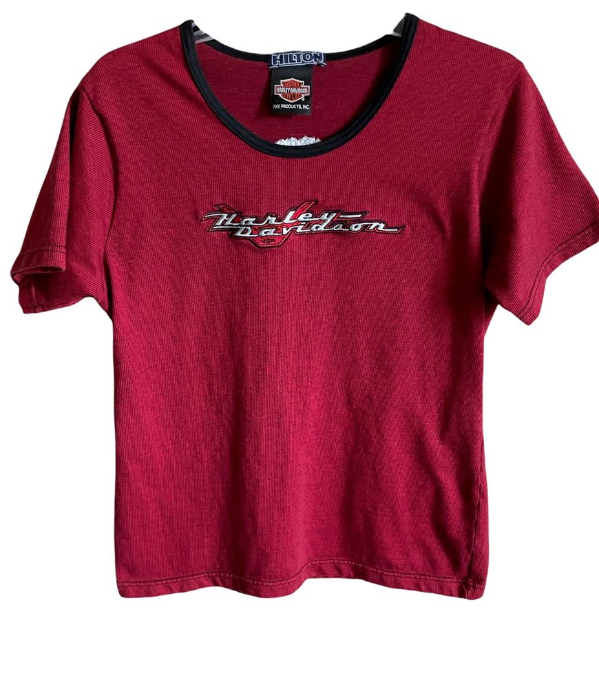 Vintage Harley Davidson Shirt Sleeve Pullover Shirt SZ M Red Black Trim Tulsa